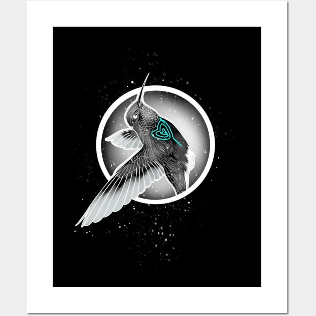 Flying humming bird with blue heart Wall Art by Blacklinesw9